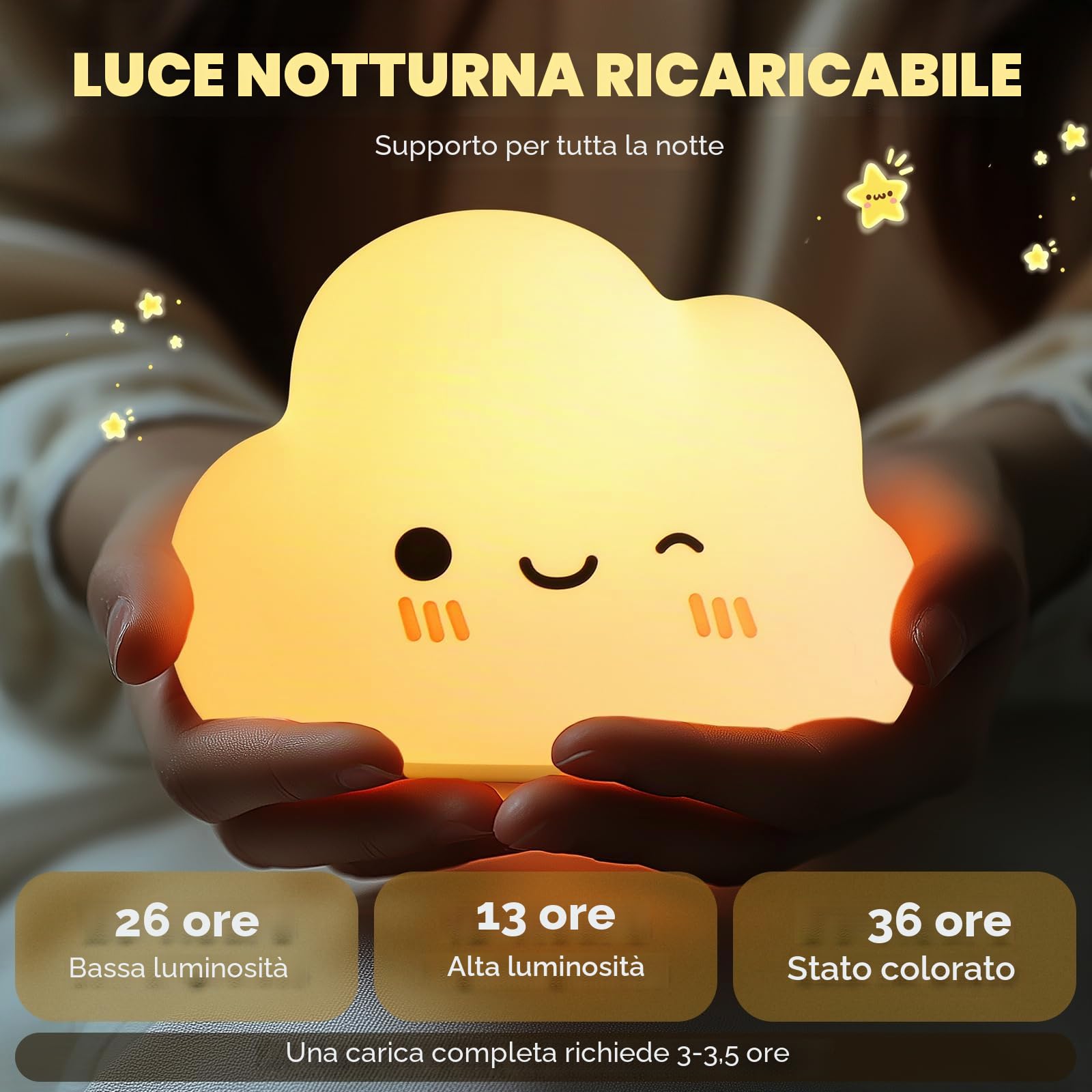 Diboniur Luce Notturna Bambini, Luce Notturna Neonato Ricaricabile, 7 Colori 3 Luminosità, Silicone Lampada Notturna per Bambini, Deco Cameretta Bambina (Nuvole)