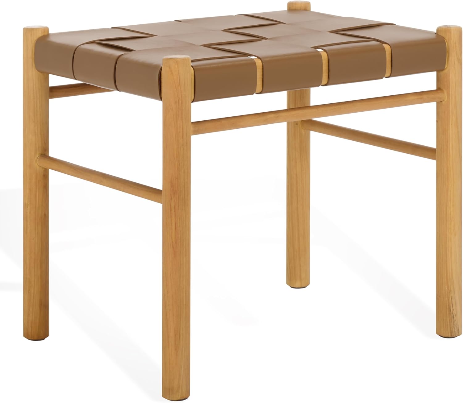 SAFAVIEH Couture Collection Devnie Brown Woven Leather & Natural Solid Wood Ottoman (Fully Assembled)