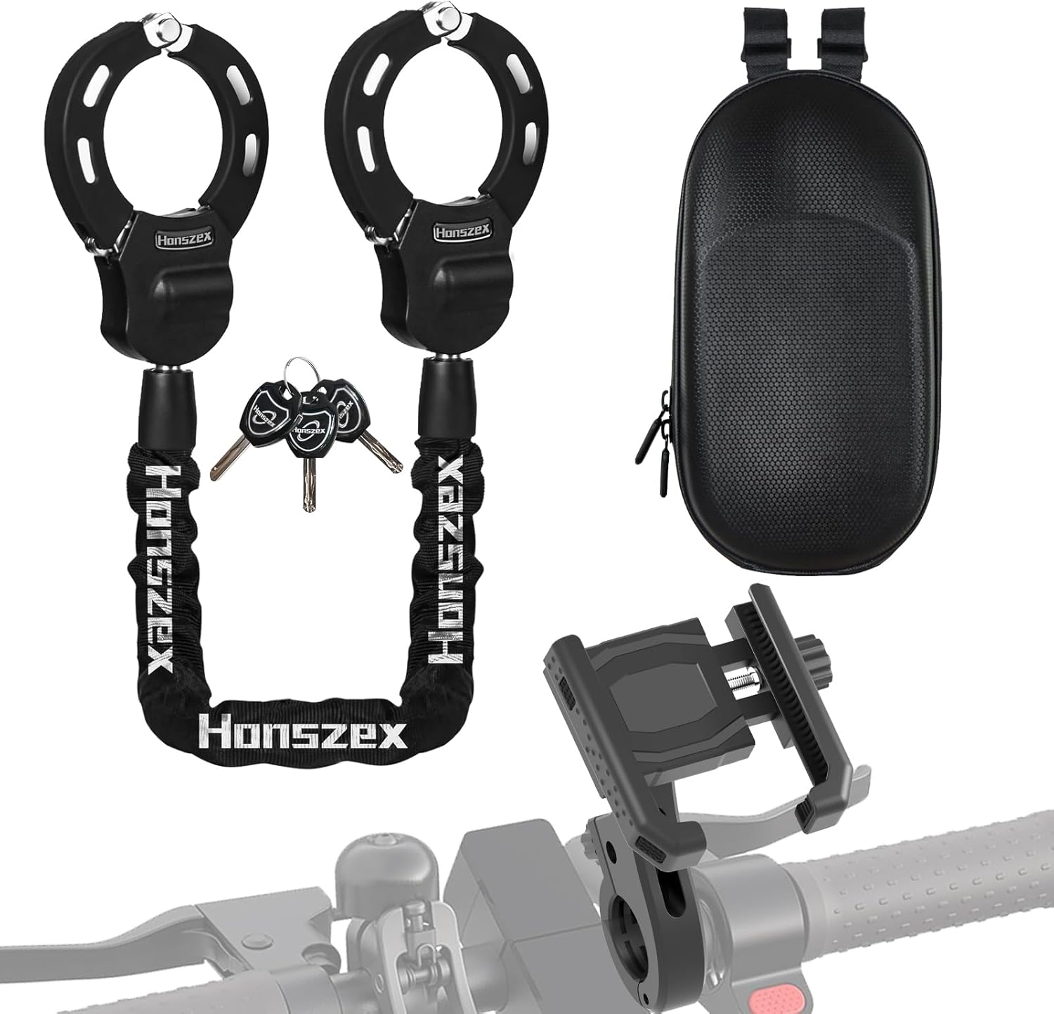 Electric Scooter Locks Anti Theft, E Scooter Phone Holder & Scooter Chain Lock with Key, Heavy-Duty Anti-Theft Lock with Waterproof Storage Bag, Accessories for Electric Scooters and Bicycles