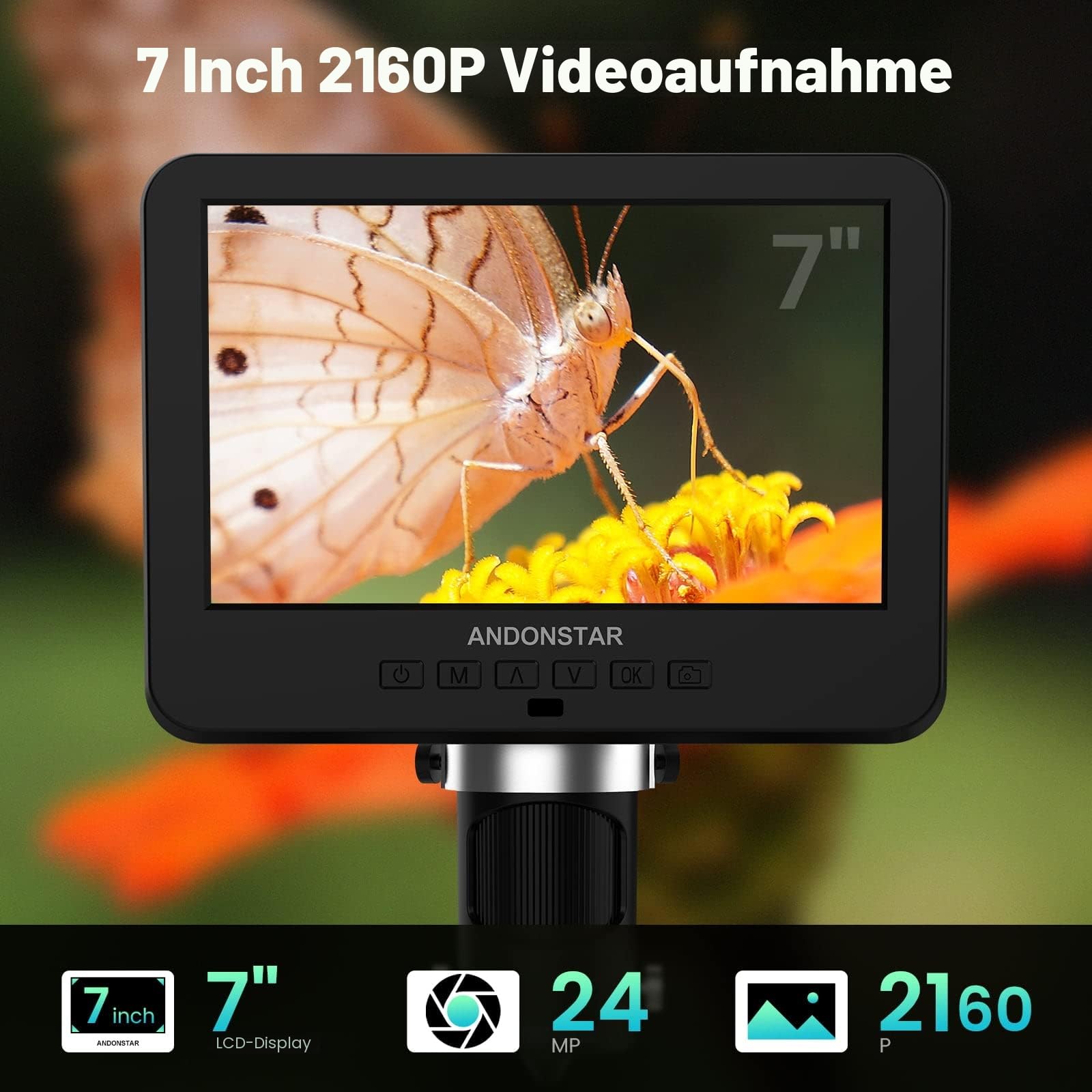 Andonstar AD246S-P HDMI-Digitales Mikroskop mit 7-Zoll-Bildschirm, 4000 x 3 Objektiv 2160P UHD-Videoaufzeichnung, Münzmikroskop für Fehlermünzen, biologisches Mikroskop-Kit für Erwachsene