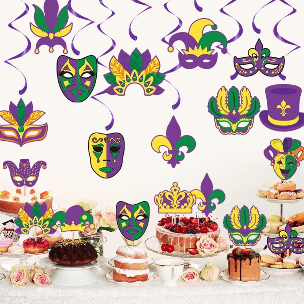 Mardi Gras Dekoracje, Mardi Gras Wiszące Wiry, Mardi Gras Dekoracje urodzinowe na artykuły imprezowe na maskaradę
