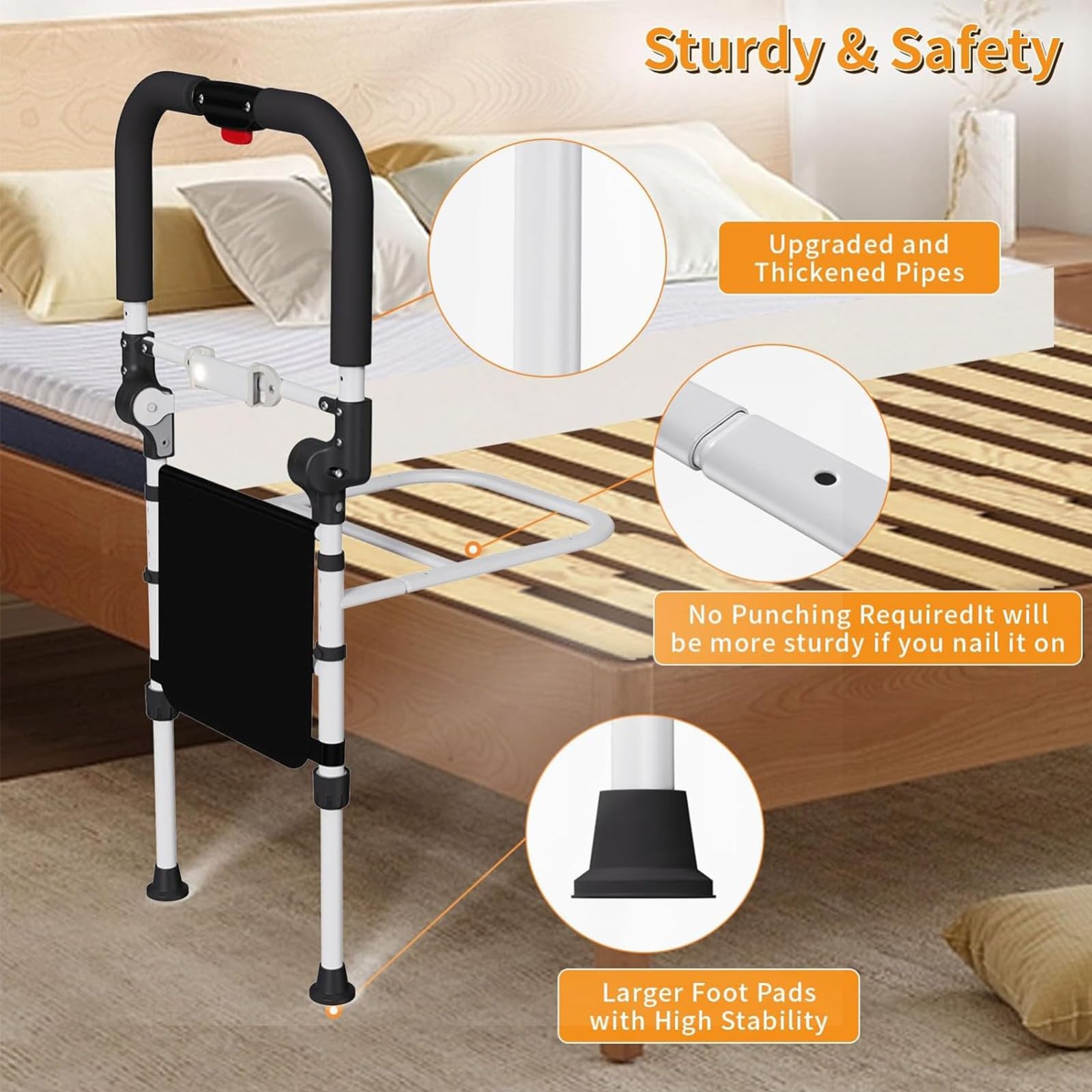 Supporto Del Letto Pieghevole A 180° Protezione Laterale Del Letto Di Sicurezza Carico Max. 150 Kg,Sponda Letto Anziani Maniglia Regolabile Con Tasca Di Stoccaggio