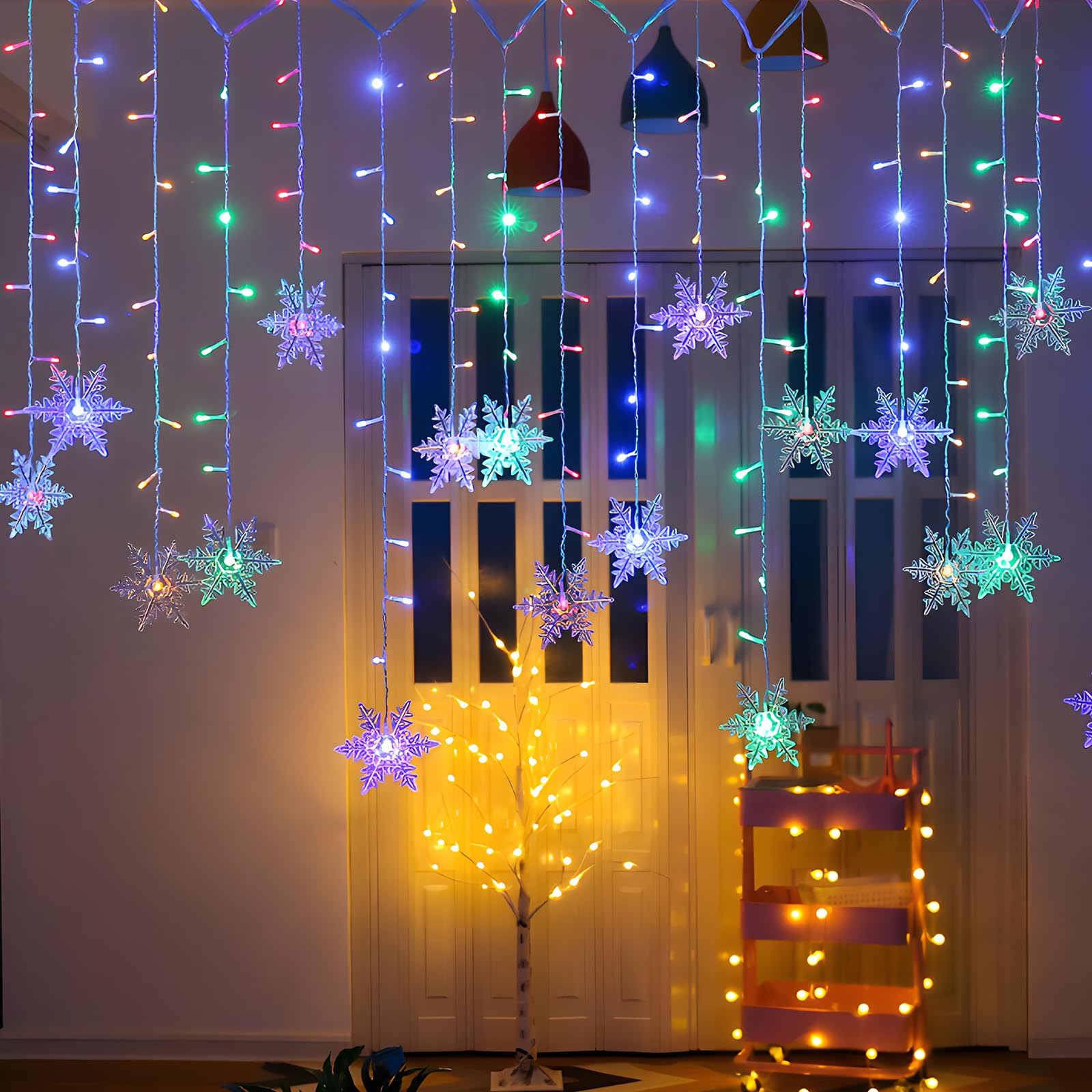 Aragallant LED Star Fairy Lights, 4M LED Fairy Lights Snowflakes, 96 LED Window Curtain Fairy Lights, Star Curtain con 8 Modos de Luz para Navidad Cumpleaños Fiesta Boda Decoración (Colorido)