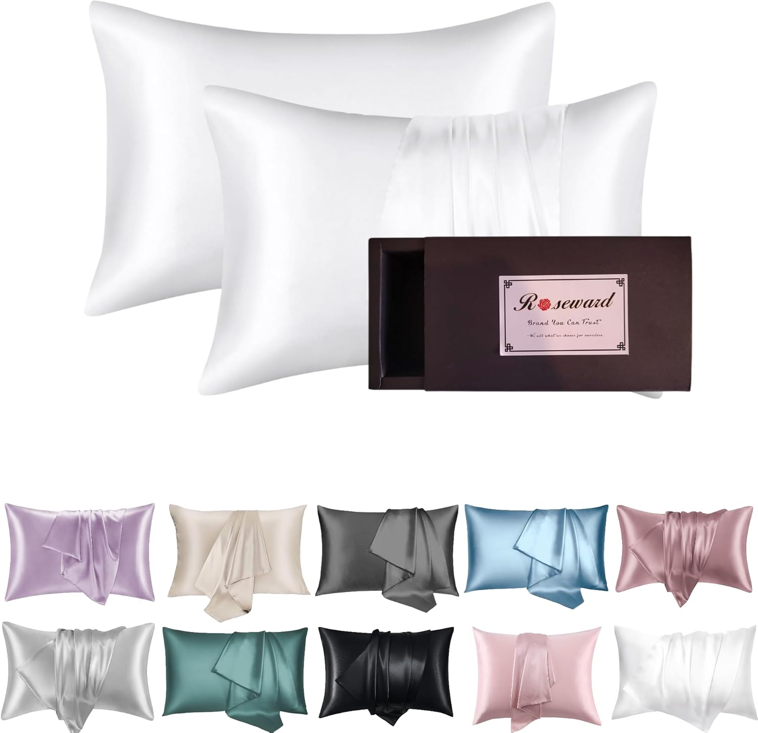 White Silk Pillow Cases Set of 2- Real 19 Momme Mulberry Silk Pillowcase for Hair and Skin-6A Grade, Super Soft, Zipper Closure, Anti Wrinkle, Anti Acne,Made in USA(White 2 Pack, Standard 20''x26'')