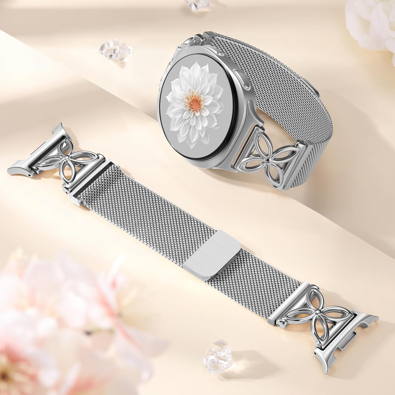 Getino Magnetic Metal Band Compatible with Galaxy Watch 8 / Watch 8 Classic Band, Milanese Floral Dressy Strap for Samsung Watch Bands Women 40mm 44mm 46mm - Silver - Image 7