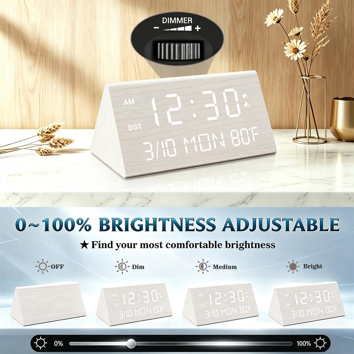 Kogonee Reloj despertador digital de madera, 0100% de brillo y volumen, detección de temperatura, fecha, modo de día de semanafin de semana, doble alarma, 9 minutos de repetición, 1224H, reloj LED