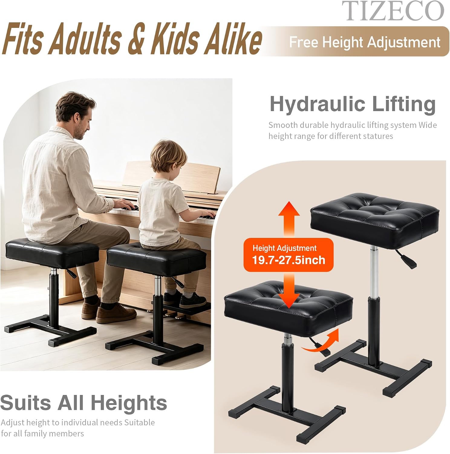 Upgraded Hydraulic Piano Bench, Adjustable Stool with Luxury Thick Padded Cushion, Heavy Duty Music Keyboard Seat, Automatic Height Adjustment