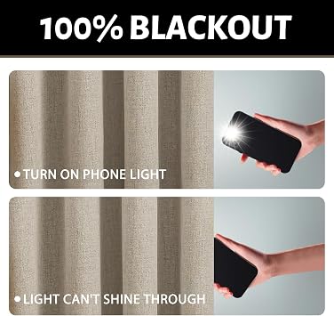 Yakamok Natural Linen Curtains 100% Blackout 84 Inches Long, Room Darkening Textured Curtains for Living Room Thermal Grommet Bedroom Curtain with Greyish White Liner(2 Panels)