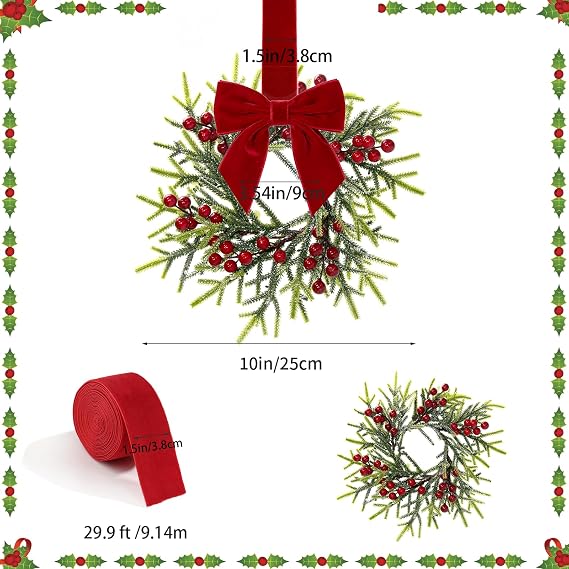 Christmas Kitchen Cabinet Wreaths with Red Velvet Ribbon
