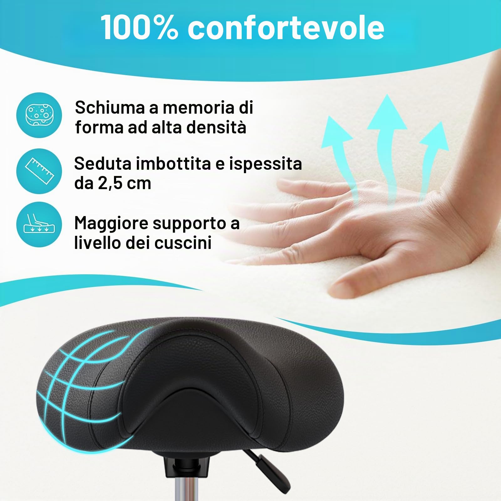 Sgabello da sella per cavallo anti-mal di schiena, sgabello ergonomico con ruote, sgabello estetico regolabile in altezza da 46 a 59 cm, sgabello con ruote imbottite per dentista (nero)