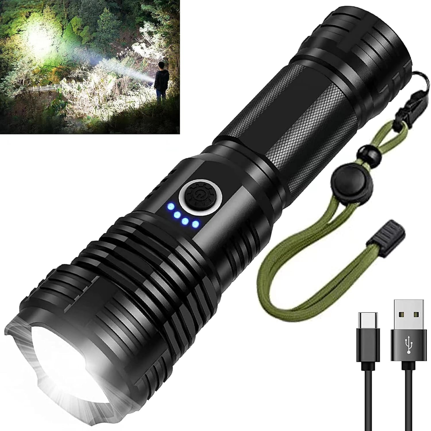 Gvnd Rechargeable Flashlight, 90000 High Lumen Tactical Flashlights, LED Handheld Flashlights, Bright Flashlight with 5 Modes, Waterproof, Zoomable for Camping, Outdoor, Hiking, Emergencies-picture-47