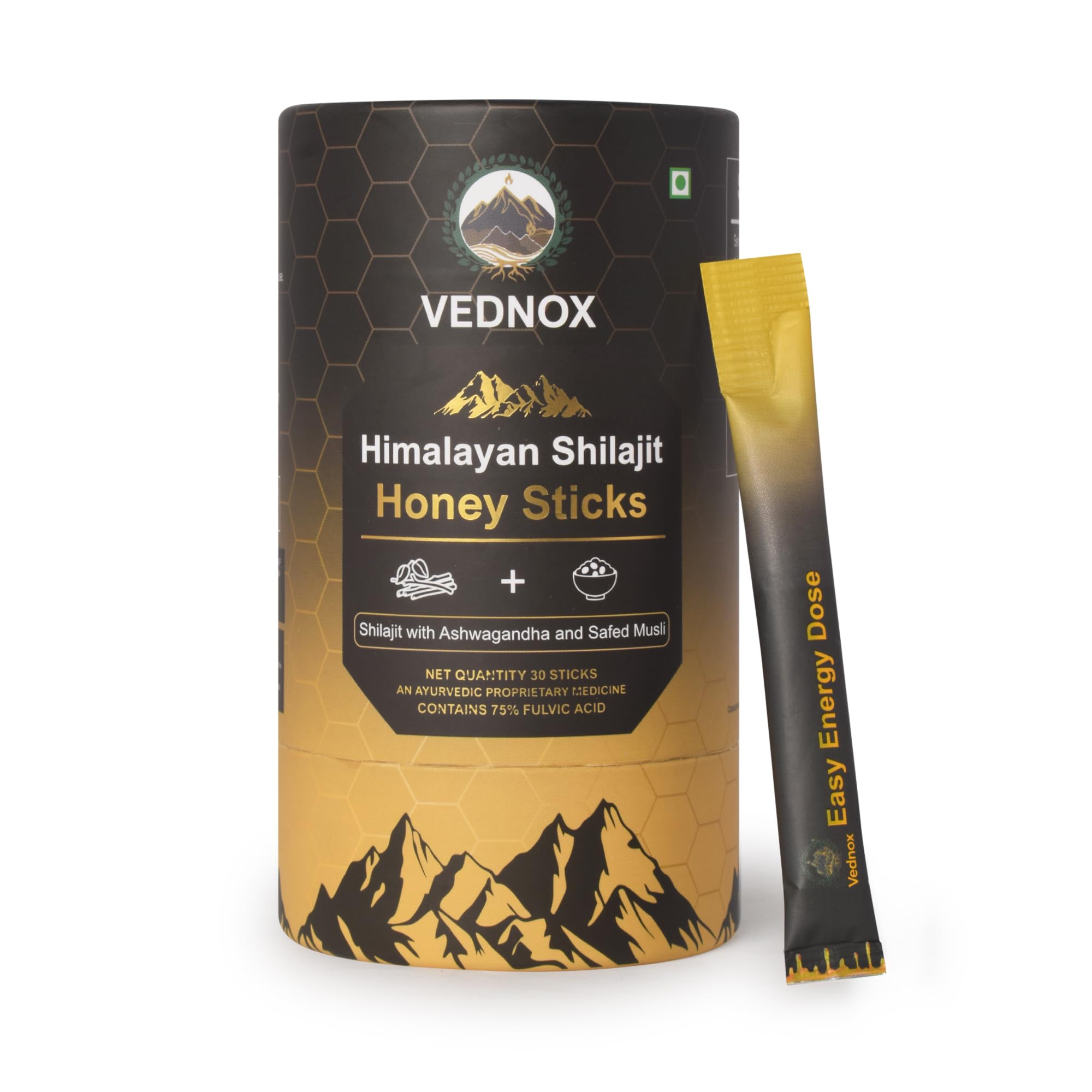 Shilajit Honey Sticks - 30 Count | 75%+ Fulvic Acid With Ashwagandha & Safed Musli | Natural Immunity, Energy, Stamina Booster | 400mg Pure Shilajit with Organic Honey | Lab Certified, 100% Ayurvedic | No Sugar Adulteration & Additives