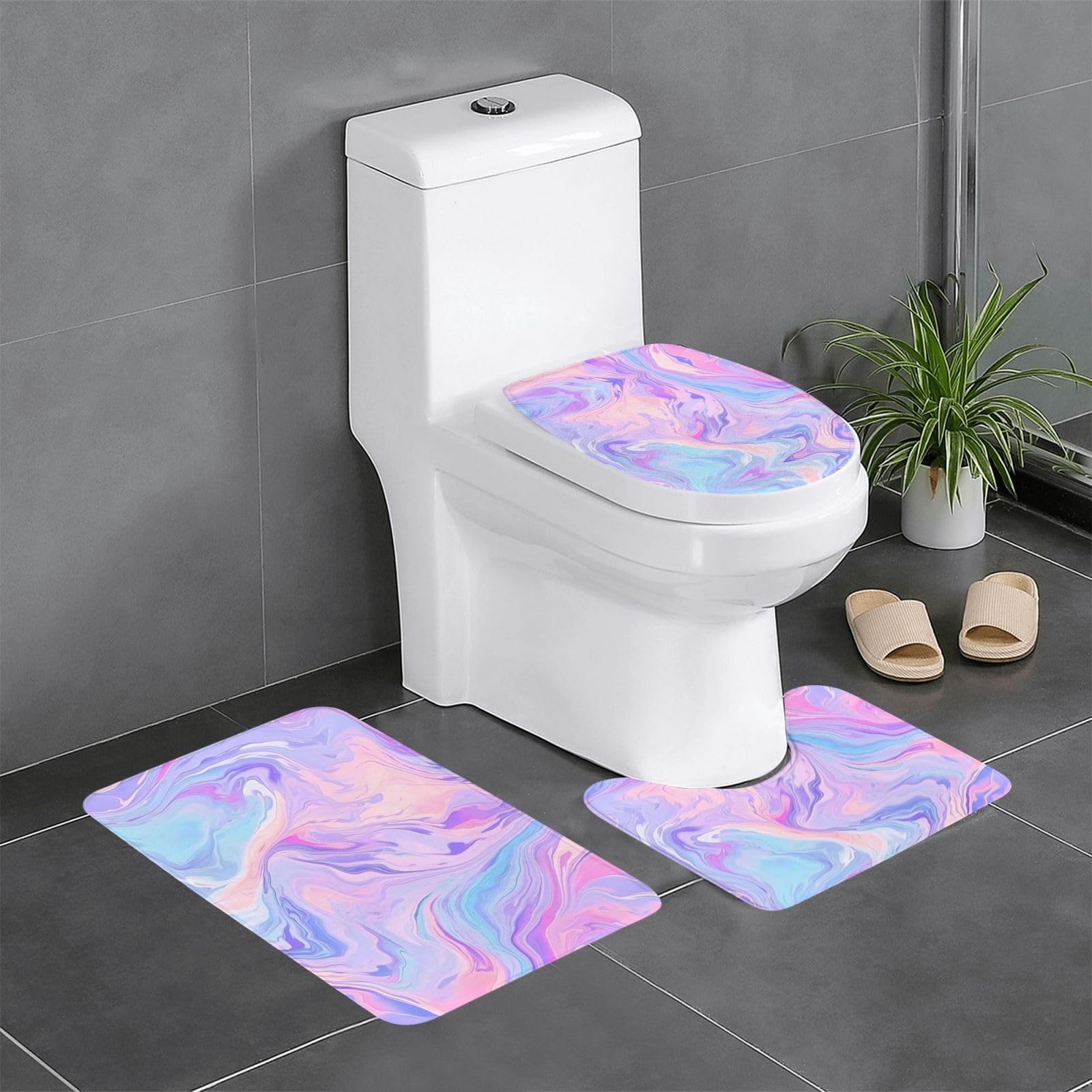 Tapis de salle de bain antidérapants rose marbre (lot de 3 avec contour et tapis ovale)