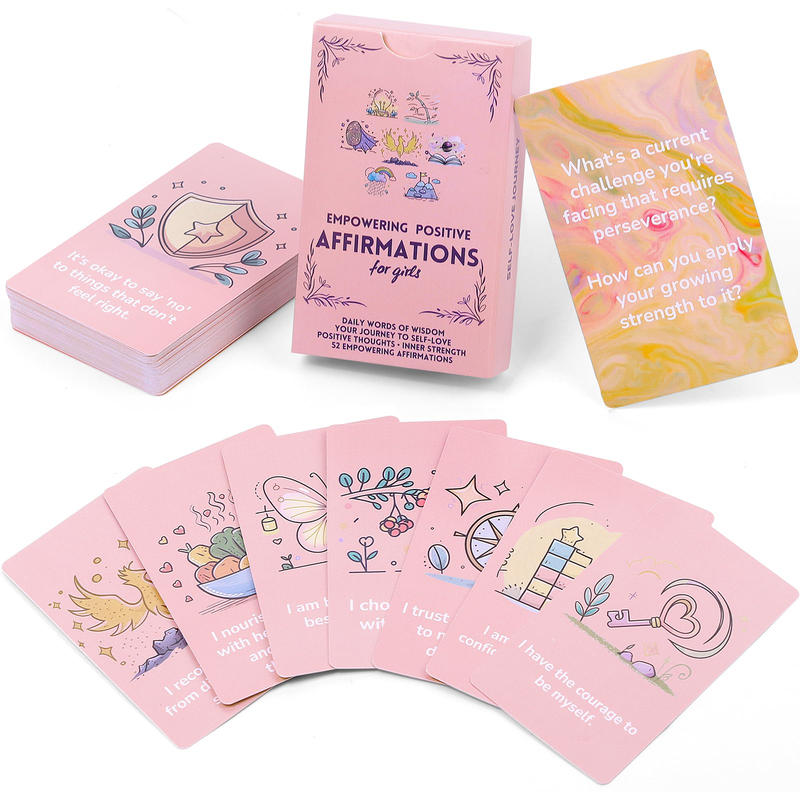 UHillMinerva Positive Affirmation Cards for Teen Girls (Ages 10-16), 54 Daily Self Love Cards, Pink Confidence Building Gift Set with Mindset