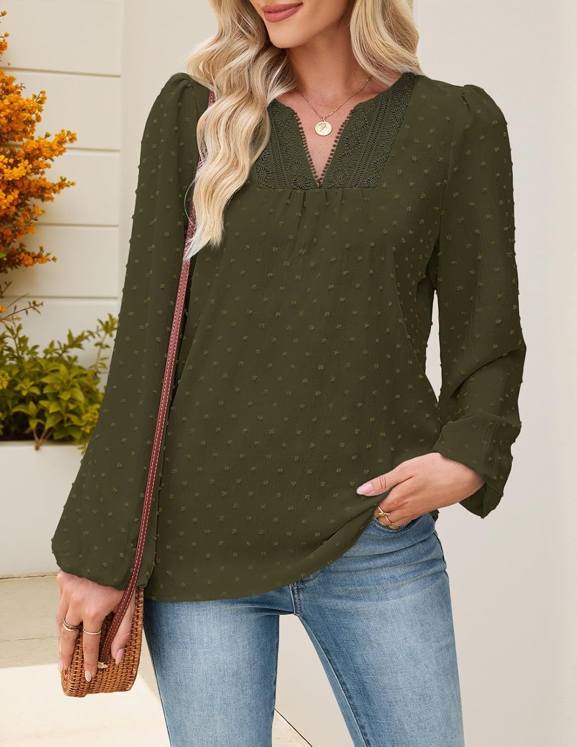 MEROKEETY Women's Fall Long Sleeve Blouse Shirt 2025 Dressy Casual Crochet Lace V Neck Swiss Dot Tops - Image 5