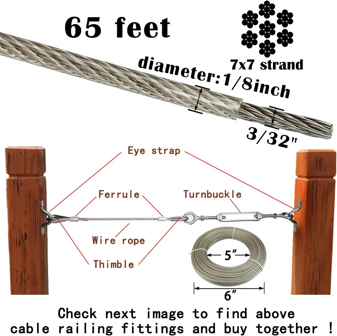 Lіmіtеd Dіѕсоunt Muzata 65 Feet Wire Rope Crystal Vinyl Coated Galvanized Steel 3/32inch Thru 1/8inch Aircraft Cable for Railing Decking Stair Balustrade DIY,7x7 Strand WR12, WP1 WC1
