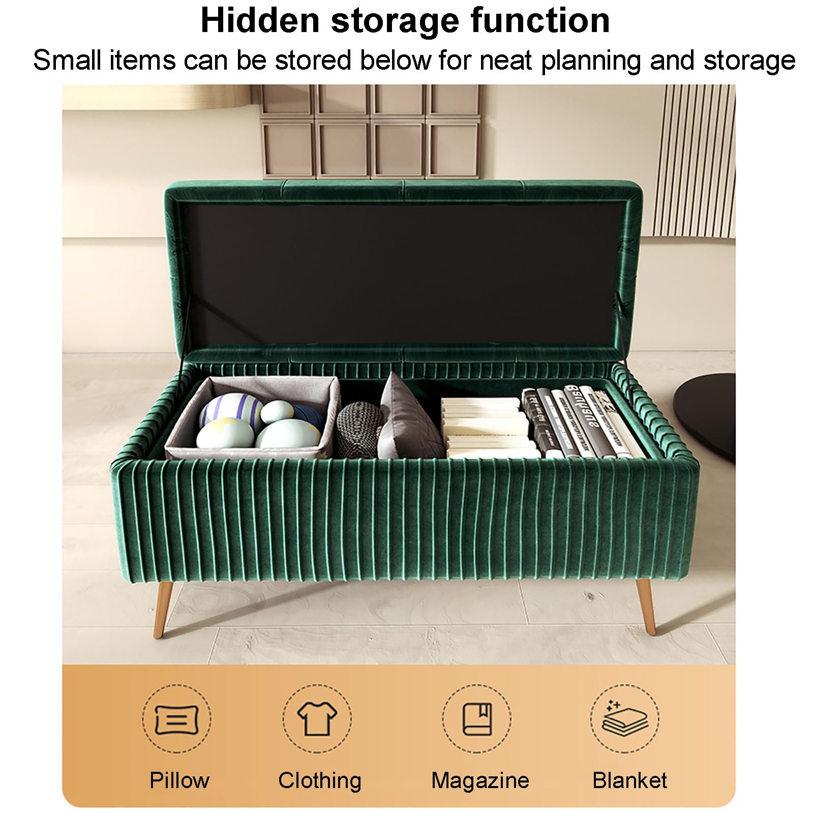 Banco otomano de almacenamiento de terciopelo con base dorada, moderno banco tapizado para dormitorio para sala de estar, reposapiés con tapa abatible, entrada y comedor
