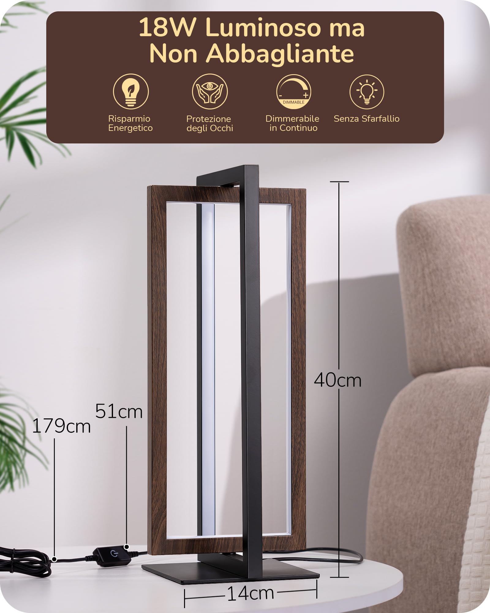 EDISHINE Lampada da comodino LED touch dimmerabile, moderna lampada da tavolo in legno noce, 3 temperature di colore, per camera da letto, soggiorno, ufficio, scrivania, regalo