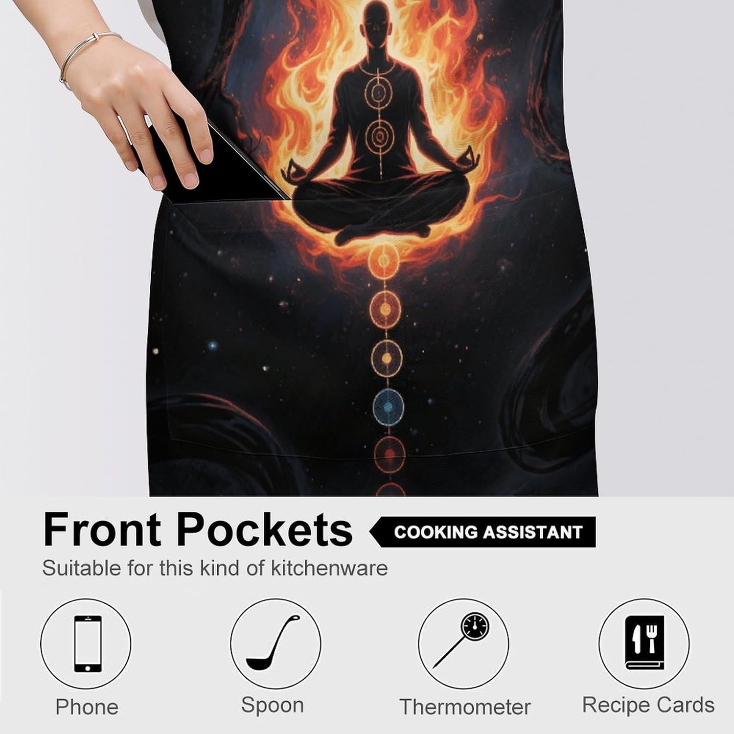 Blacklight Seven Chakra Yoga Meditation Apron Adjustable Chef Apron with Pocket for Men Women Waterproof Bib Apron Durable Cooking Apron for BBQ Baking Kitchen Cooking Apron
