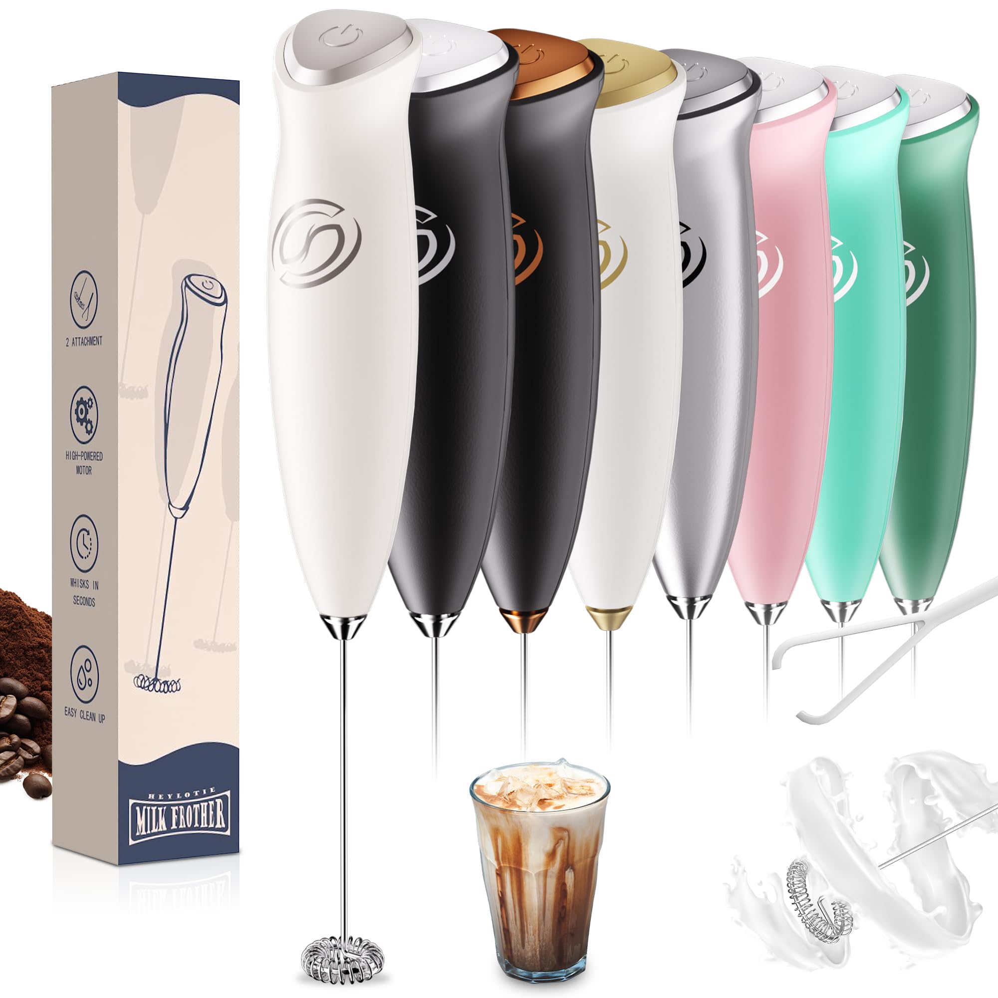 Milk Frother Handheld Frother Wand Drink Mixer Handheld Coffee Stirrers Electric Frother for Coffee Mixer Wand with 2 Whisk frother for protein powder coffee frother handheld-White