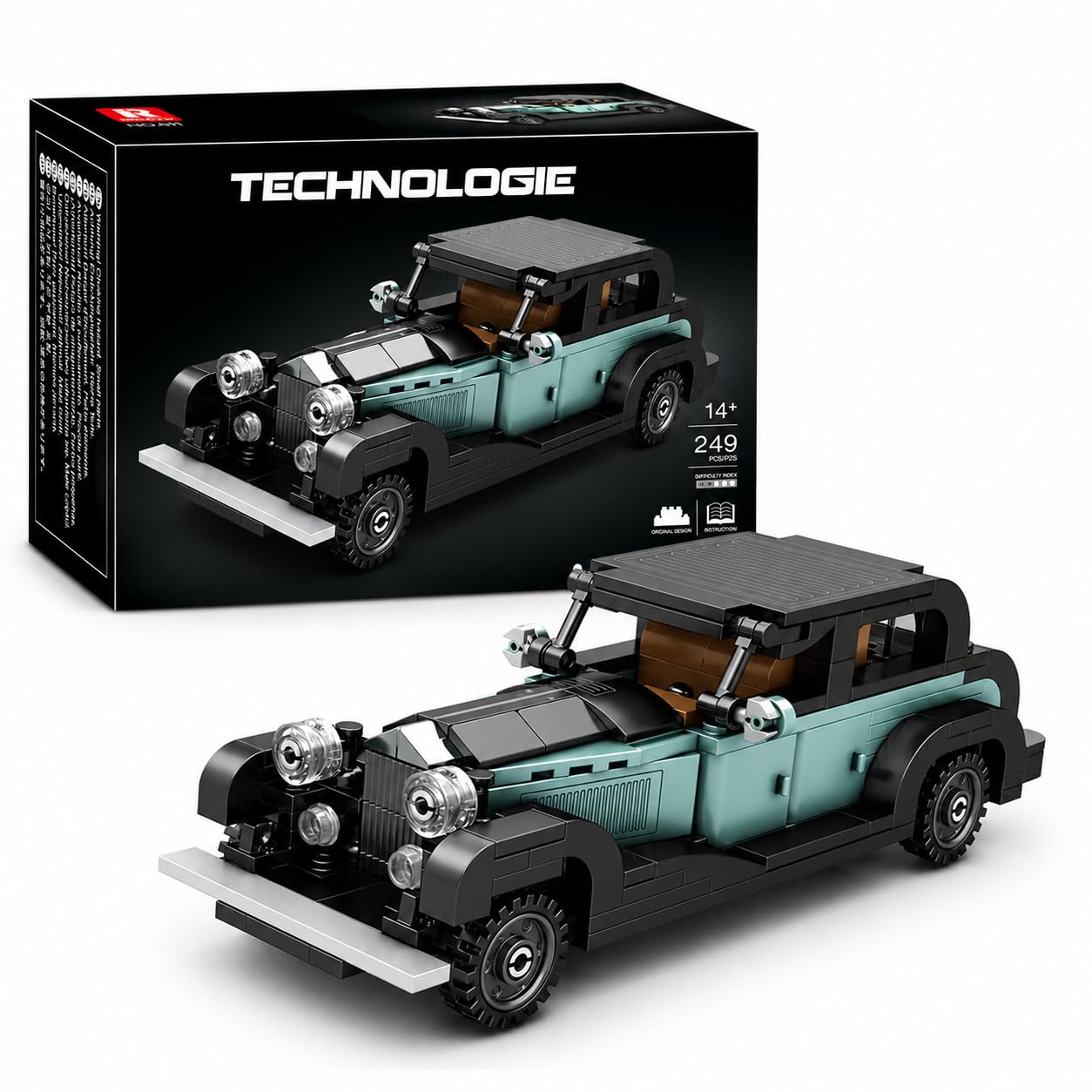 Vintage Classic Car Building Blocks Set, 249 Pcs, Teal and Black, Ages 8+-image-41