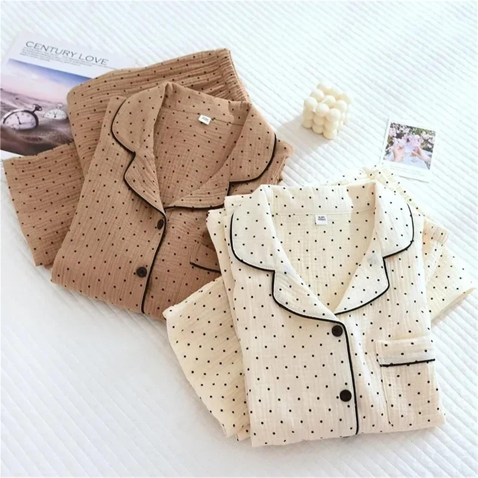 Pijamas de Gasa algodón for Mujer, Ropa Dormir con Dibujo Lunares, Conjunto 2 Piezas for Primavera, for, Verano para Descanso en casa