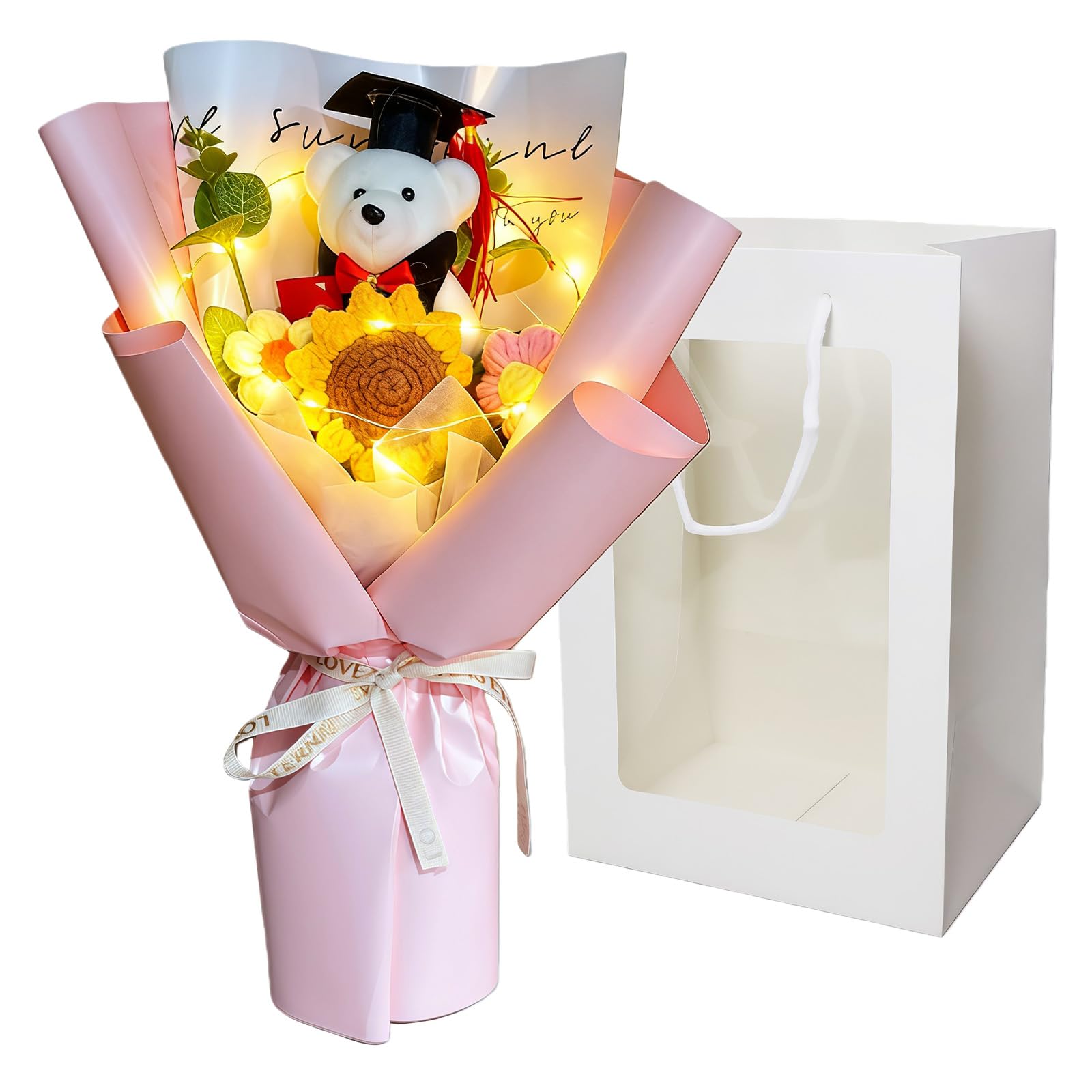 AWSOLAR Graduation Bear Crochet Flower Bouquet, Graduation Bouquet with Sunflower Artificial Flowers, Sunflower Gifts for Celebration Ceremony