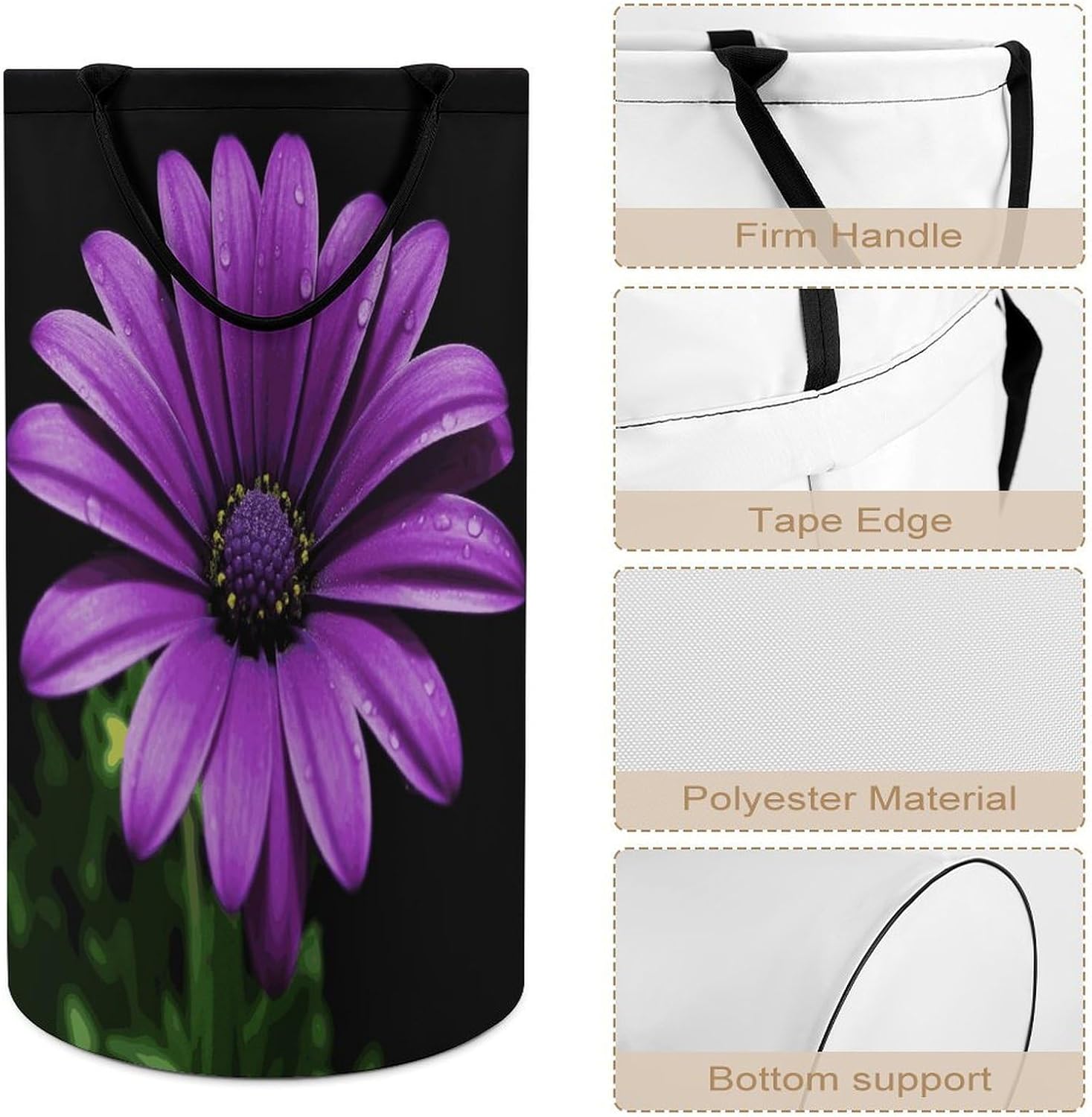 Purple DaisyLaundry Hamper - Large Dirty Clothes Bag.Storage Basket for Easy Carry Handles. Large Clothes Basket with Handles, Clothing Storage Bucket Toy Organizer for Bathroom Bedroom Dorm.