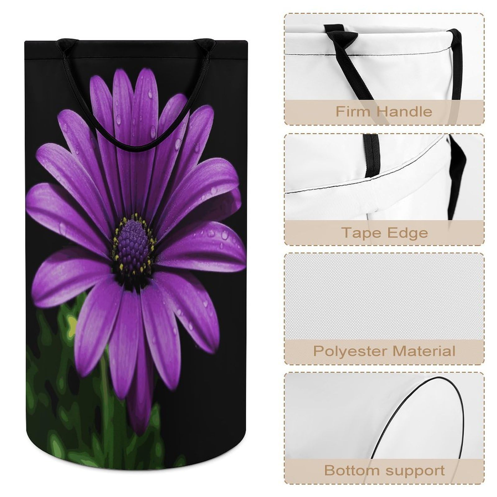 Cesta para ropa sucia de margaritas moradas, bolsa grande para ropa sucia. Cesta de almacenamiento para asas de fácil transporte. Cesta grande para ropa con asas, cubo de almacenamiento de ropa