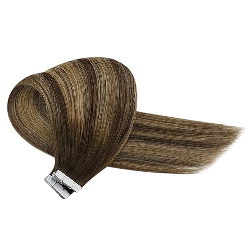 Miniatura 8 de Sunny Hair Extensiones de cabello humano con cinta adhesiva, color marrón, balayage, invisible, color marrón, degradado, rubio caramelo, mezcla de