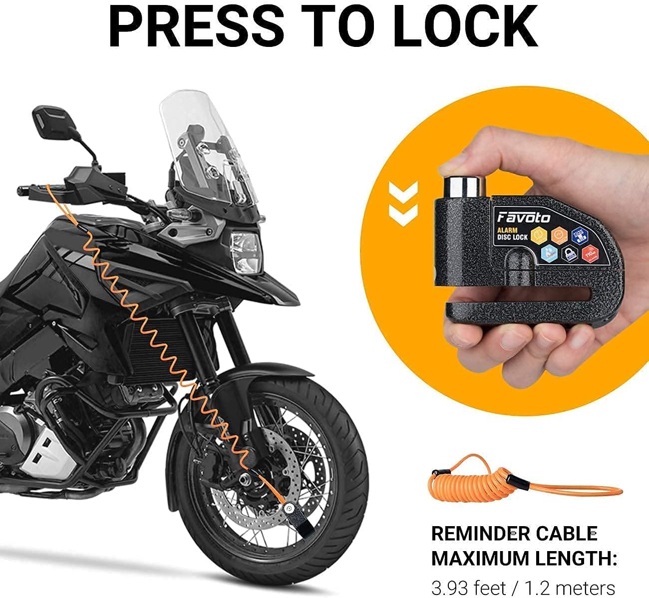 Favoto Motorcycle Cover 108" All Season with Night Reflective Stripes + Favoto Disc Lock Alarm for Motorcycle e-Bike Bicycle Scooter
