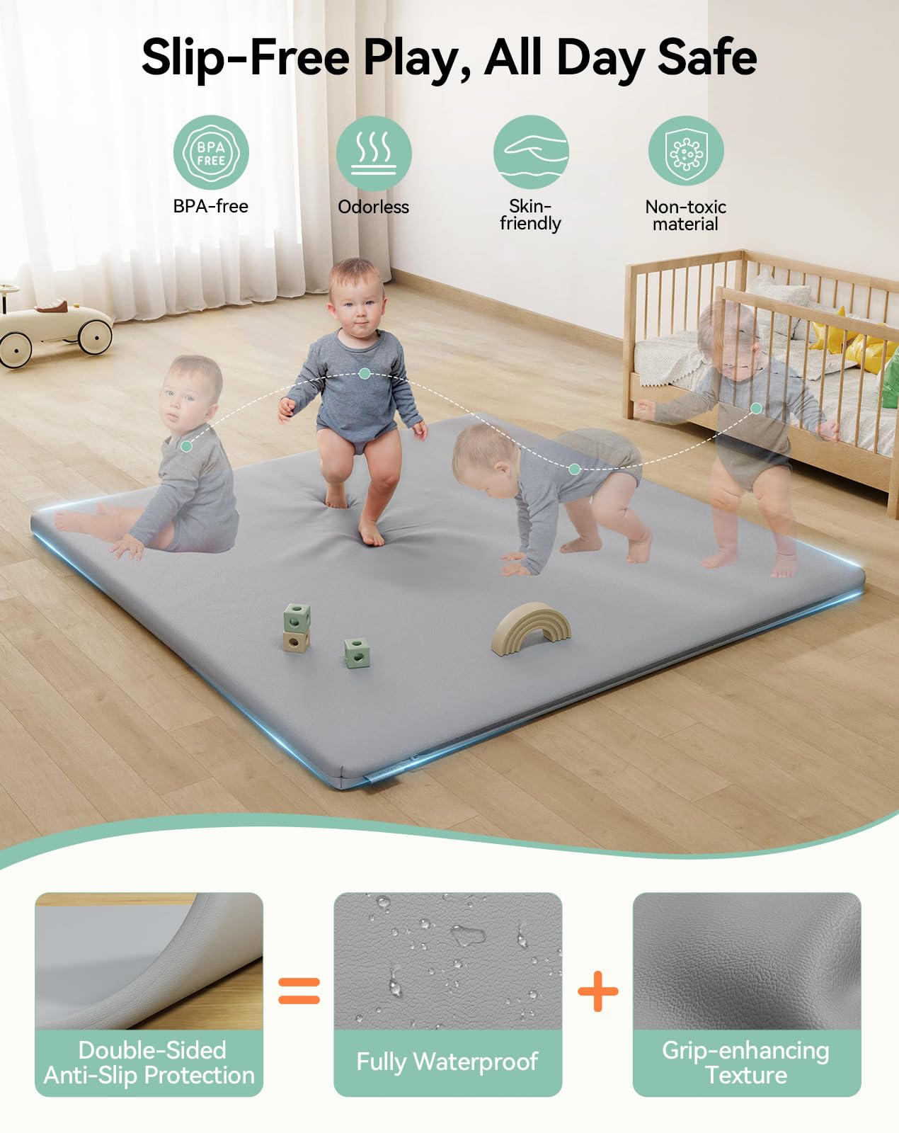 COMOMY Pelle Vegana Tappeto Gioco Bambini, 127x127x3 cm Extra Spesso e Morbido Tappeto Neonato, Impermeabile e Non Tossico Tappeto Tummy Time Neonati, Tappetino per Box Bambini, Grigio