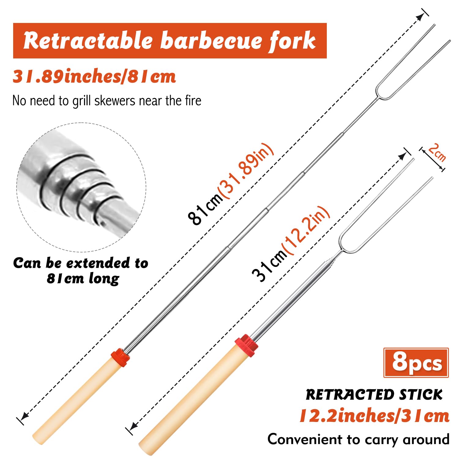 Marshmallow Spiedini telescopici, 8 Pezzi Bastoncini per arrostire Marshmallow, Forchettone Barbecue Spiedini Acciaio Espandibile 31-81cm, Forchette per Tostare Marshmallow, per Campeggio Falò