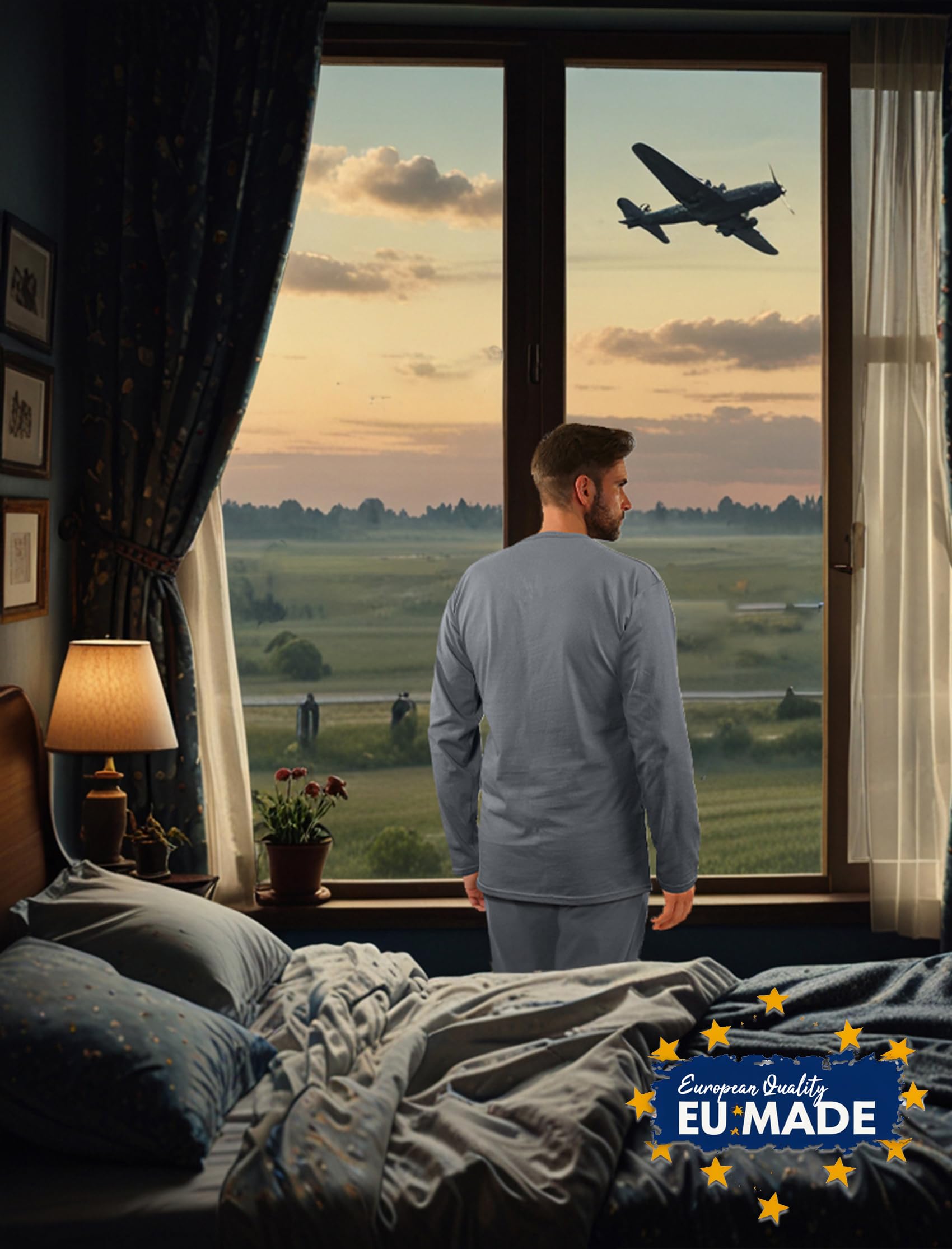 sesto senso Herren Schlafanzug Lang Baumwolle Militär Pyjama Langarm Lange Pyjamahose Set Nachtwäsche