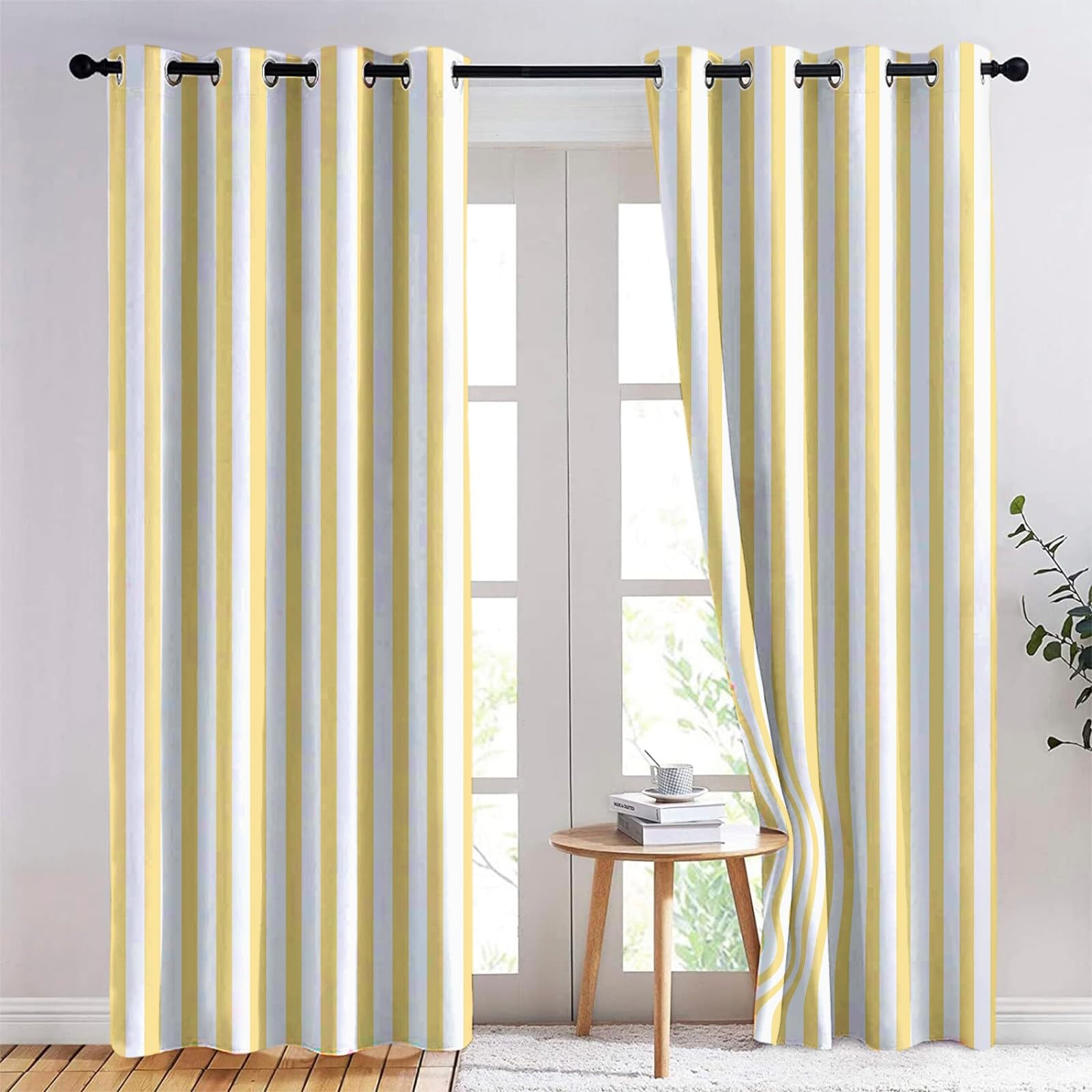 Elektryczna zasłona odcinająca proste linie pionowe 91,5 l x 160 H cm (2 panele) żółto-biała, termiczna zasłona zaciemniająca z oczkami do salonu dekoracja okienna sypialni