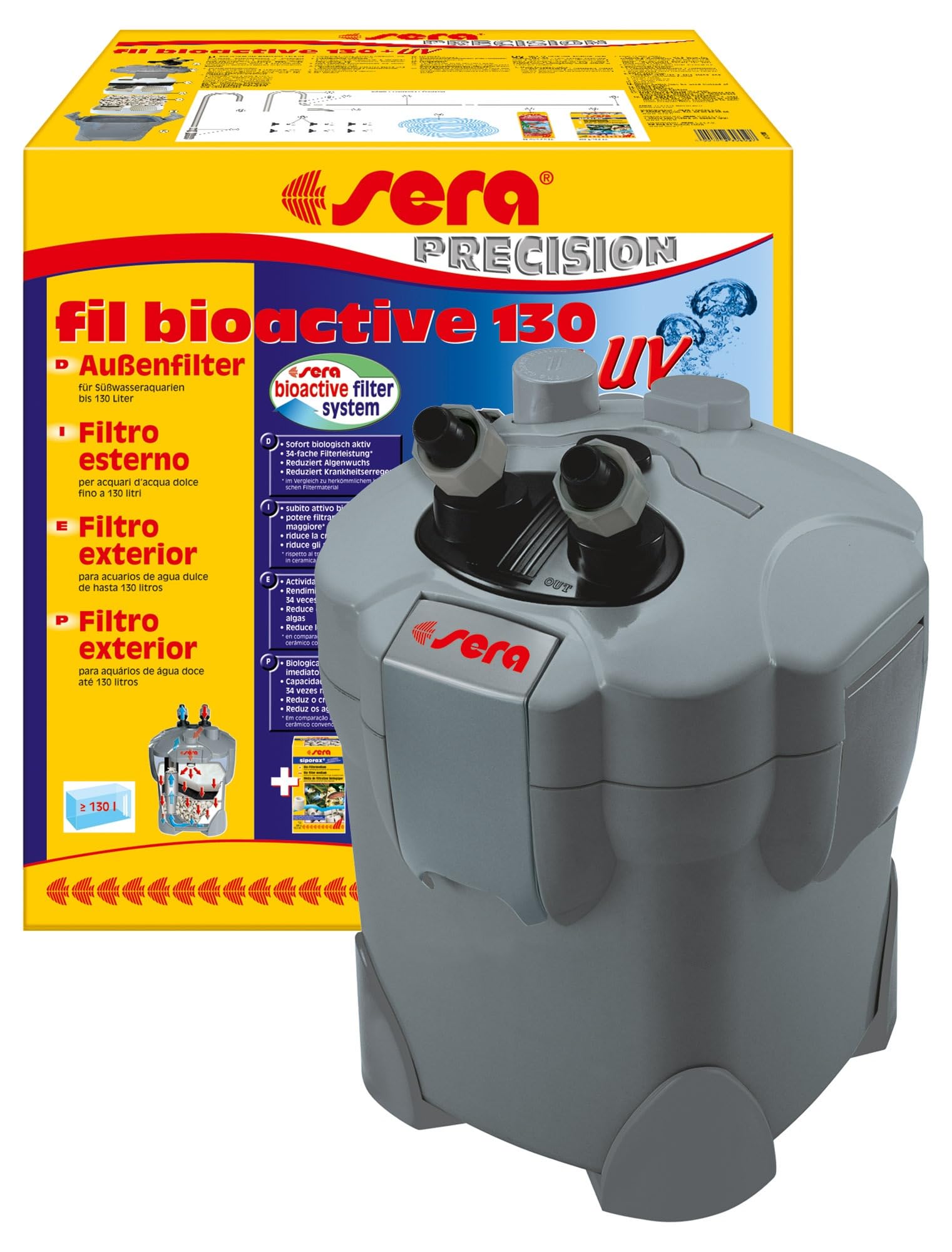 sera fil bioactive 130 + uv | filtri esterni versatili e facili da usare per acquari d'acqua dolce con uvc | per acquari d'acqua dolce fino a 400 l | filtraggio ottimale