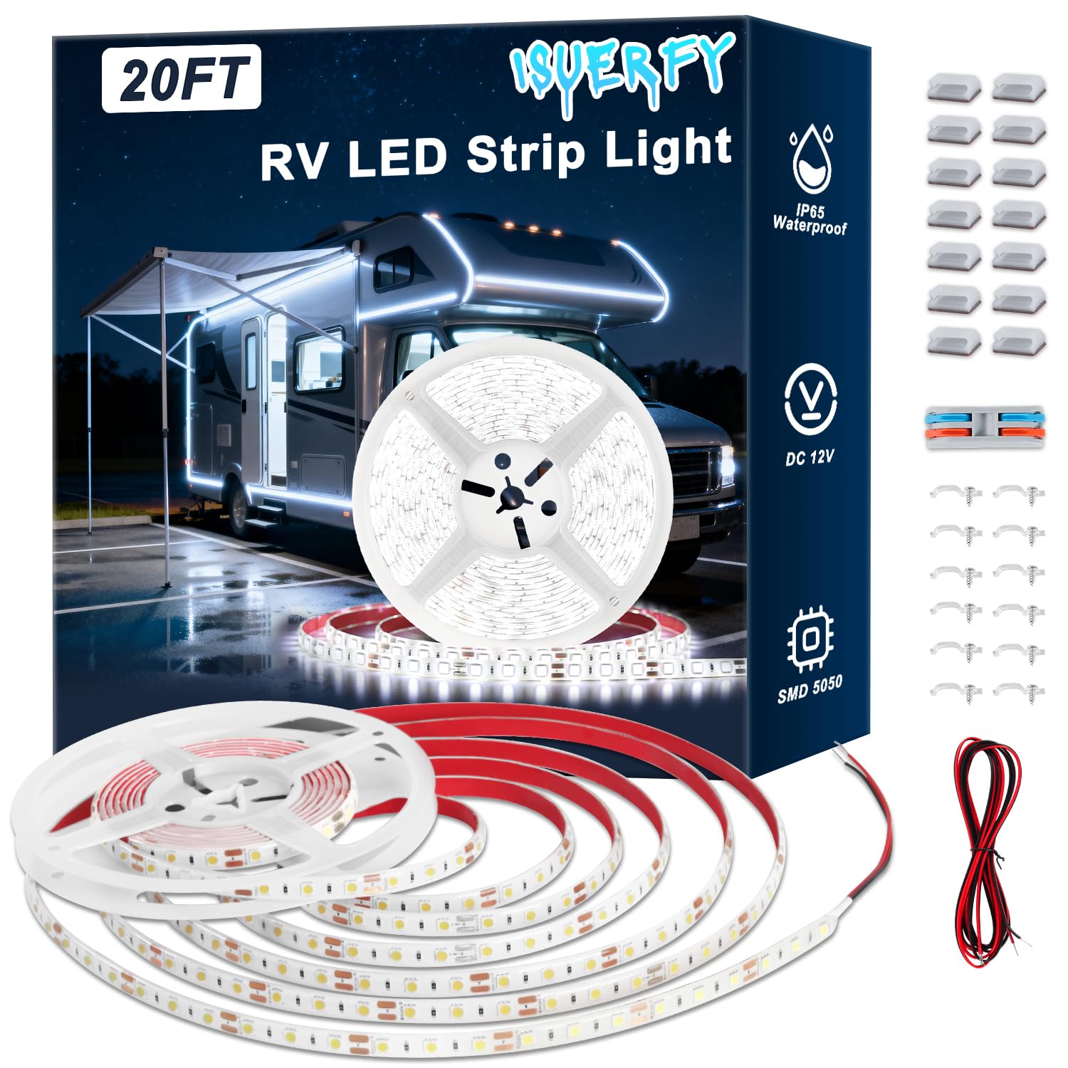 ISUERFY RV Awning LED Lights, 12V 20FT Camper Lights for Motorhome Travel Trailer Concession Stands Food Trucks, IP65 Waterproof RV Exterior Underglow Light, Daylight White