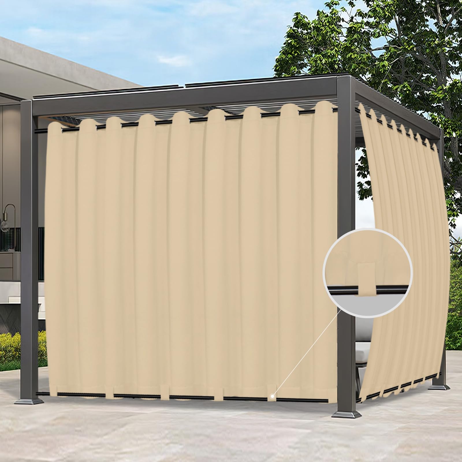 Easy-Going Outdoor Curtains Waterproof Windproof Weatherproof Curtain for Patio, Cabana, Porch, Pergola and Gazebo, Grommet Top and Tab Bottom Drape, 1panel, 150x96 inch, Beige