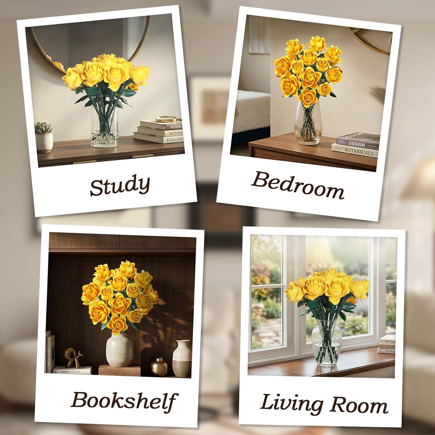 12 Yellow Roses Building Block Bouquet Set, 585 Pieces Artificial Botanical Kit, Unique for Mom & Grandma, Everlasting Floral Home Decor