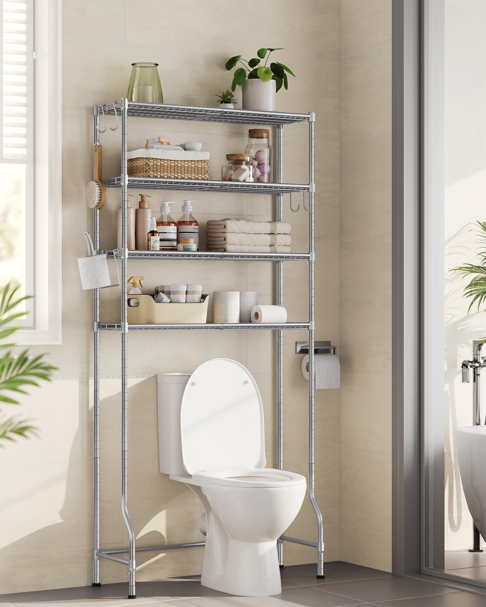 SONGMICS Scaffale sopra WC a 4 Ripiani, Scaffale da Bagno in Metallo, Ripiani Regolabili, con 4 Ganci e Portarotolo, Salvaspazio, 30 x 83 x 176 cm, Grigio Tortora BTS023G01