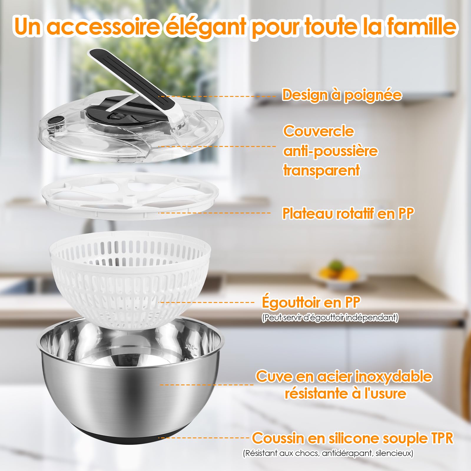 Essoreuse À Salade en Acier Inoxydable 4,5L, Saladier avec Couvercle Et Base Antidérapante, Essoreuse À Salade INOX Idéale pour Égoutter Légumes Et Pâtes