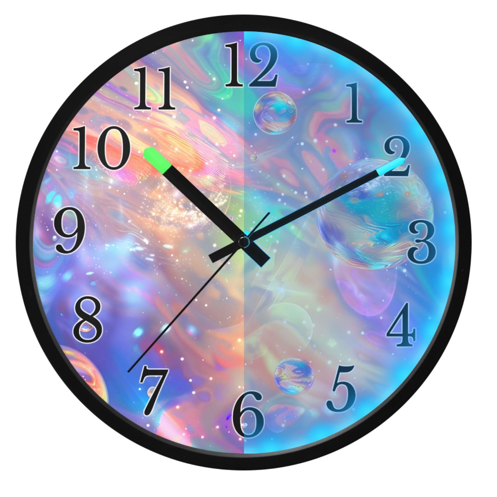 Mnsruu Reloj de pared luminoso con diseño holográfico de galaxia rosa, funciona con pilas, reloj silencioso que brilla en la oscuridad, para sala de estar, cocina, 30,5 cm