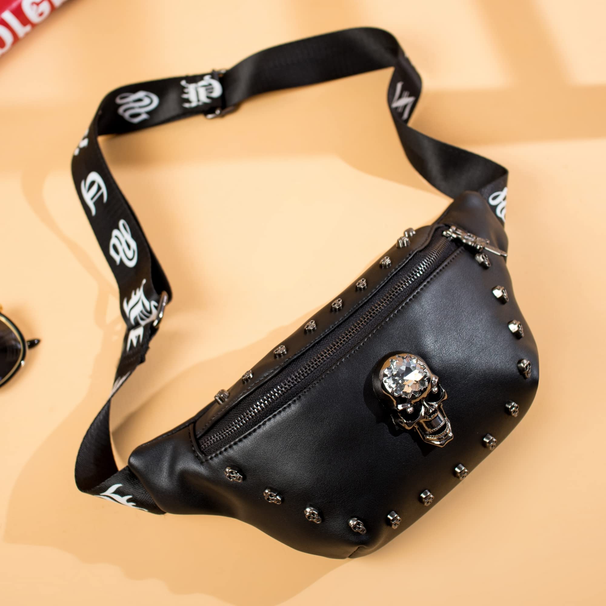 Riñoneras de cuero para mujer, riñonera de cuero a la moda, cangurera negra con diseño de calavera para mujer, bolsa cruzada para cinturón para vacaciones, festivales, viajes, correr, senderismo, 7