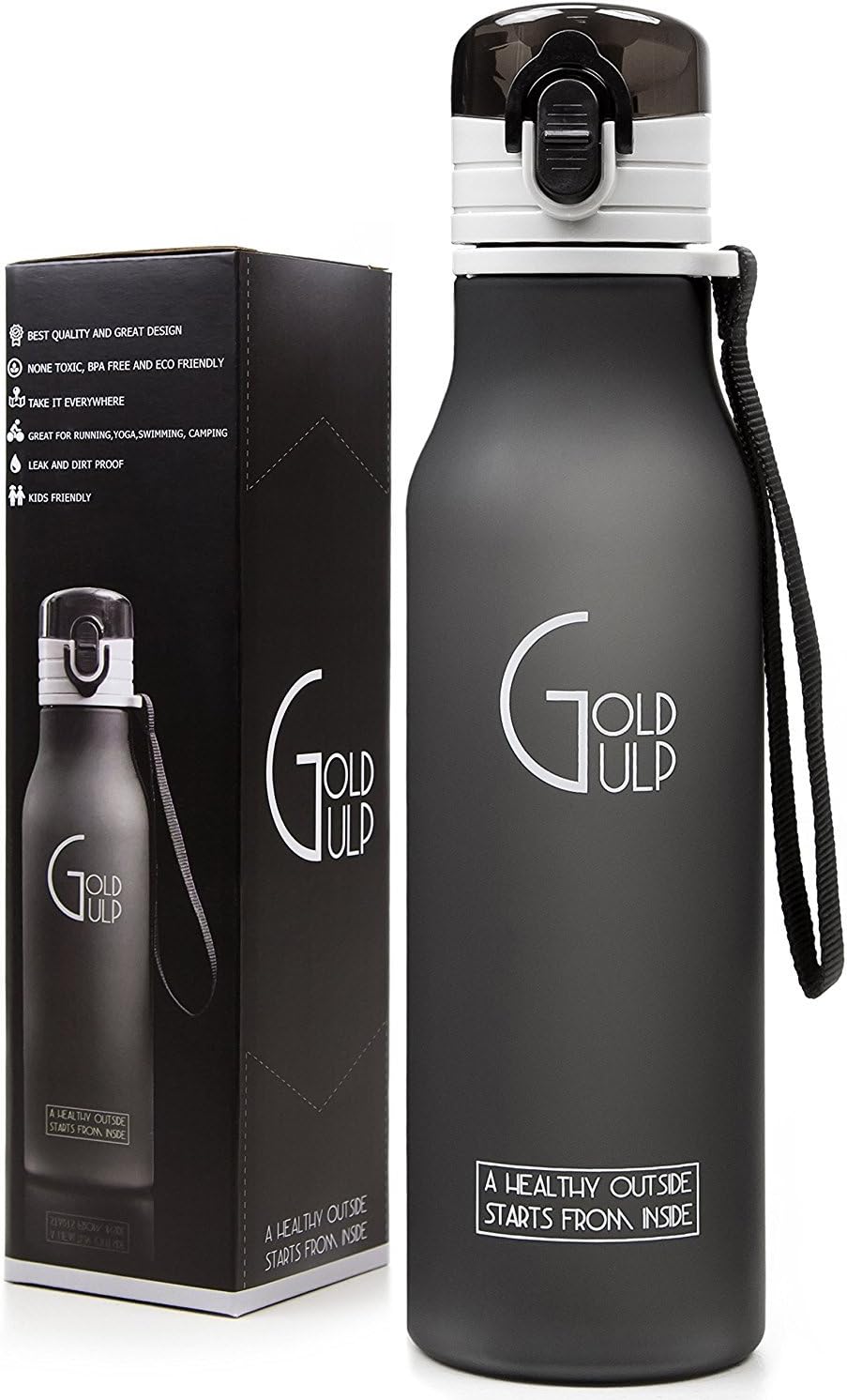 Gold Gulp Best Small Sport Water Bottle BPA Free 18 oz Tritan Eco Friendly Best for Gym Yoga Running Outdoors Camping Safe for Kids Easy to Use One Hand One Click with Flip Top Leak Proof Matte Black