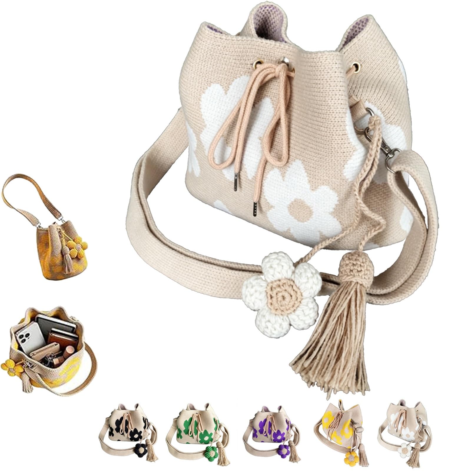 Sac fourre-tout à fleurs en crochet fait à la main, sac à bandoulière en maille beige renforcée avec charme floral, vacances d'été à la plage et marché fermier, marché de grande capacité(Style E)