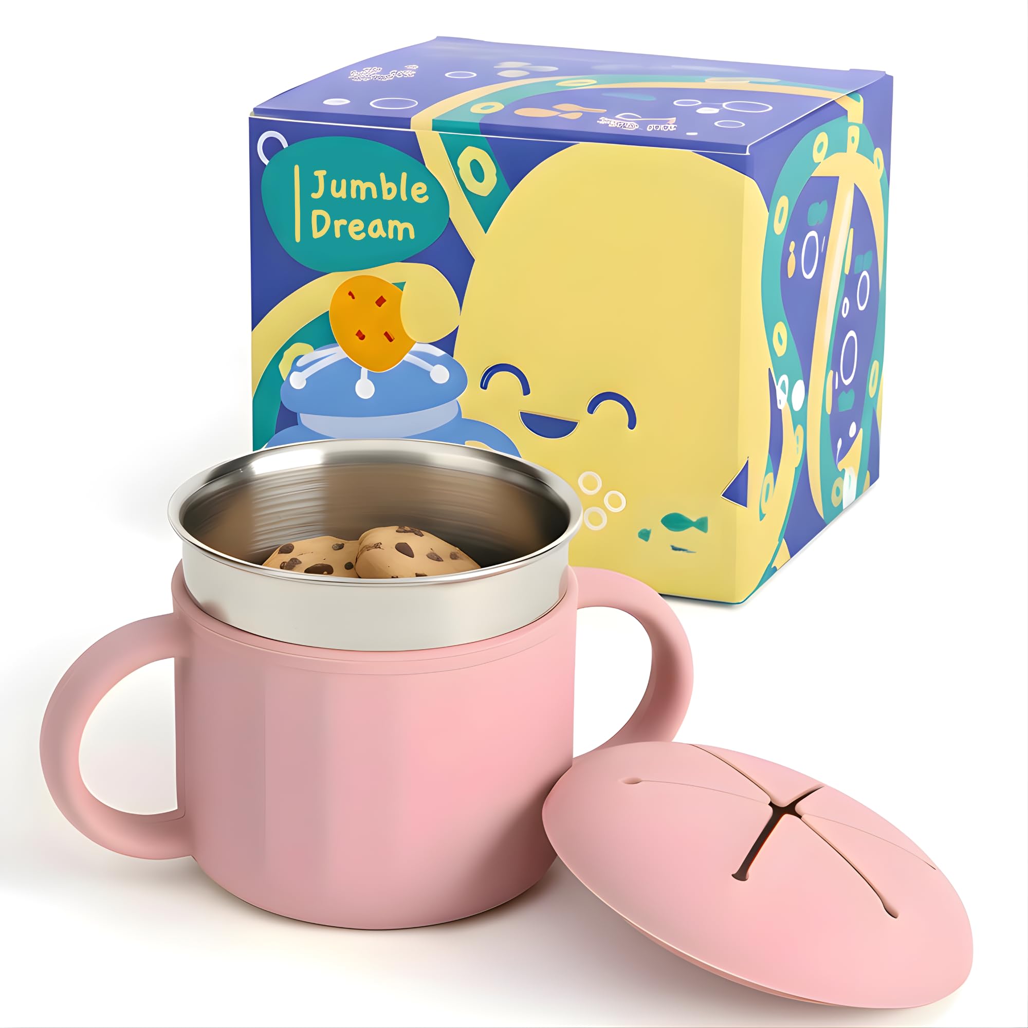 Jumble Dream Stainless Steel Baby Snack Cup for Toddlers Kids โ Spill-Proof Silicone Snack Container โ BPA-Free Non-Toxic Dishwasher Safe Food-Grade Stainless Steel for Baby Snacks 6m+ to 3+ Years