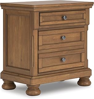 Signature Design by Ashley Glarrison Classic 3-Drawer Nightstand with Felt-Lined Top Drawer and Pull-Out Tray, Poplar Wood, Pine Veneer, Metal Knobs with Pewter-Tone Finish, 29.88" High, Light Brown
