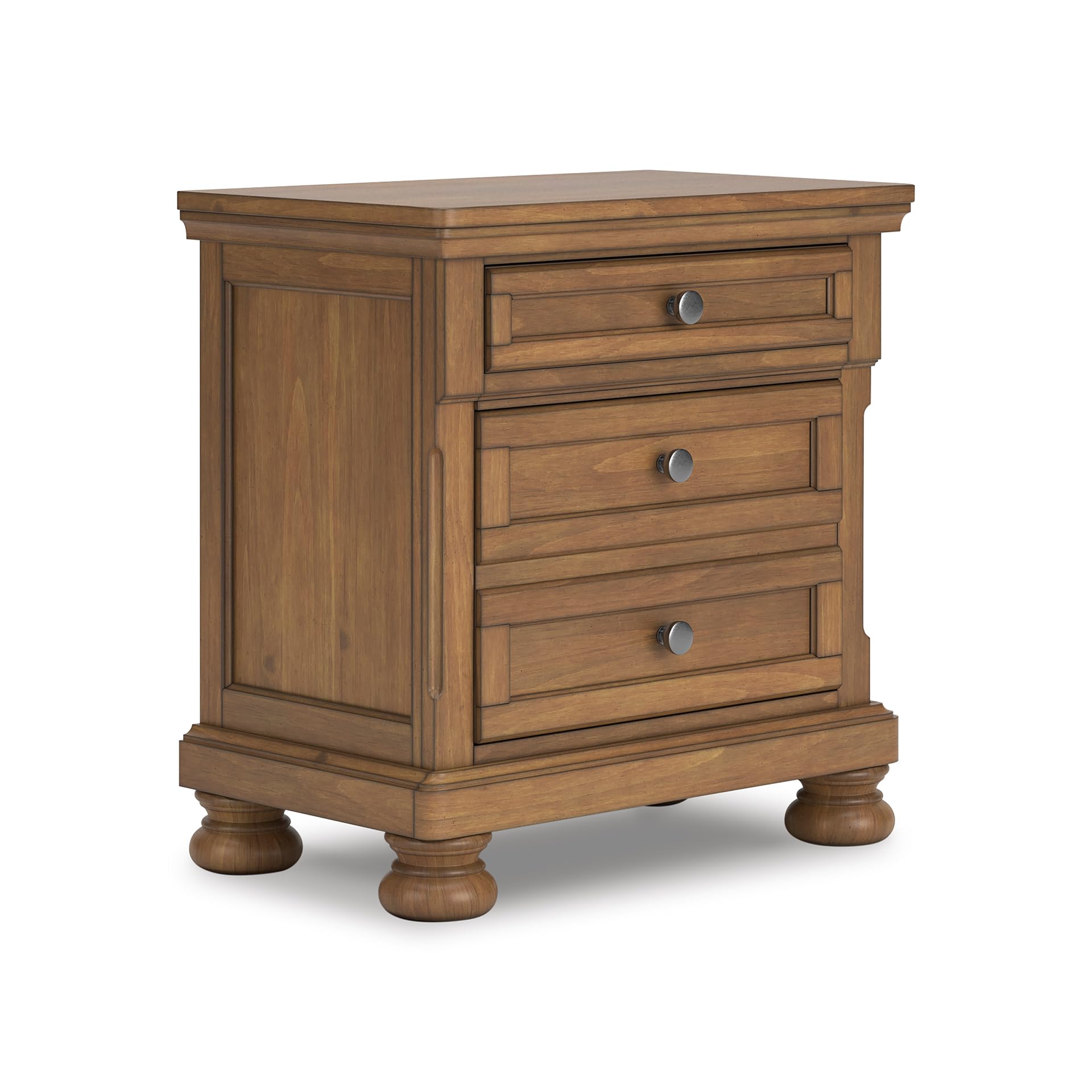 Signature Design by Ashley Glarrison Classic 3-Drawer Nightstand with Felt-Lined Top Drawer and Pull-Out Tray, Poplar Wood, Pine Veneer, Metal Knobs