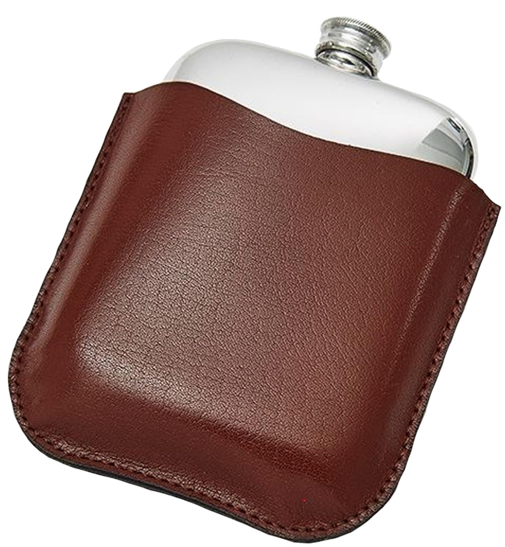 Idée cadeau homme : flasque de poche étain gravable avec pochette cuir