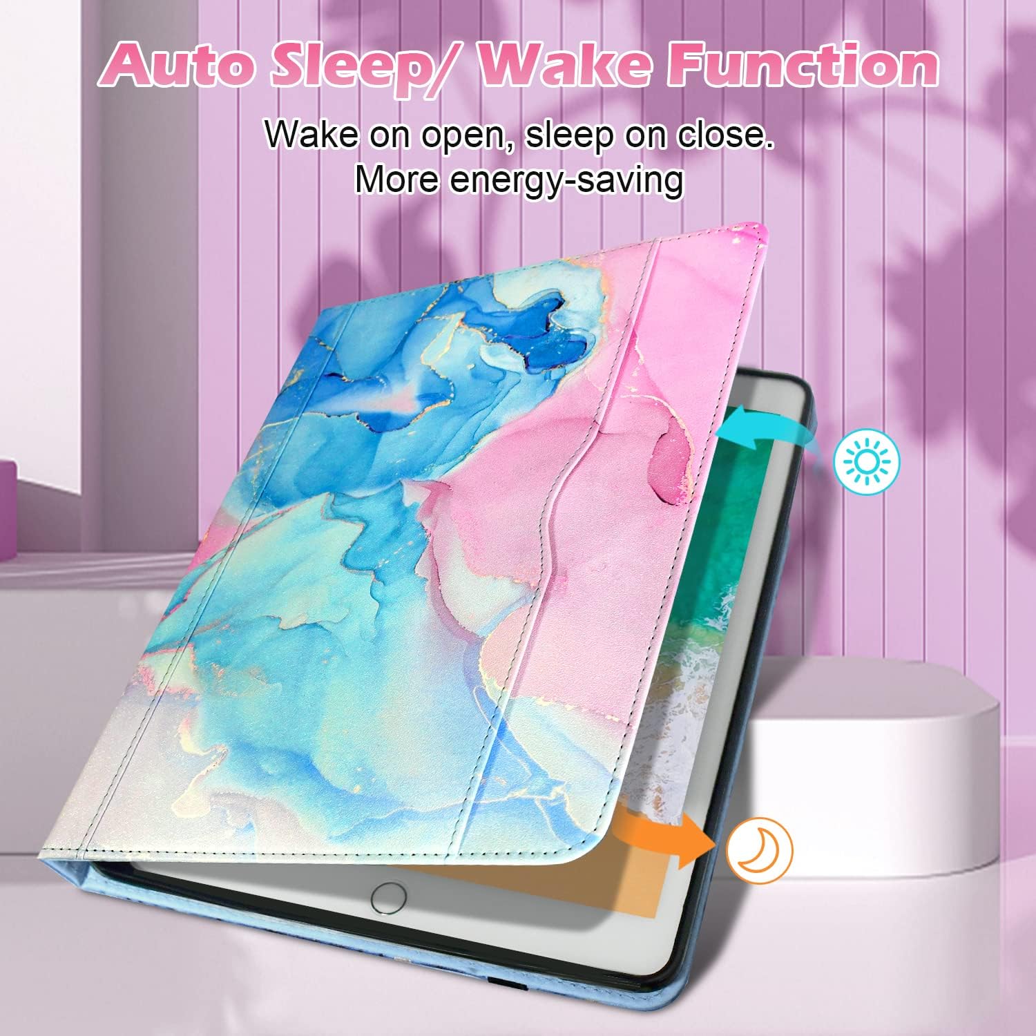 Zonefoker Cases for iPad 6th 5th Generation 2018/2017, iPad Air 2 Case 2014, iPad Air 2013, iPad Pro 9.7 inch Case 2016 with Pencil Holder, Leather Folio Cover for Kids, Women, Men, Marble Teal Pink